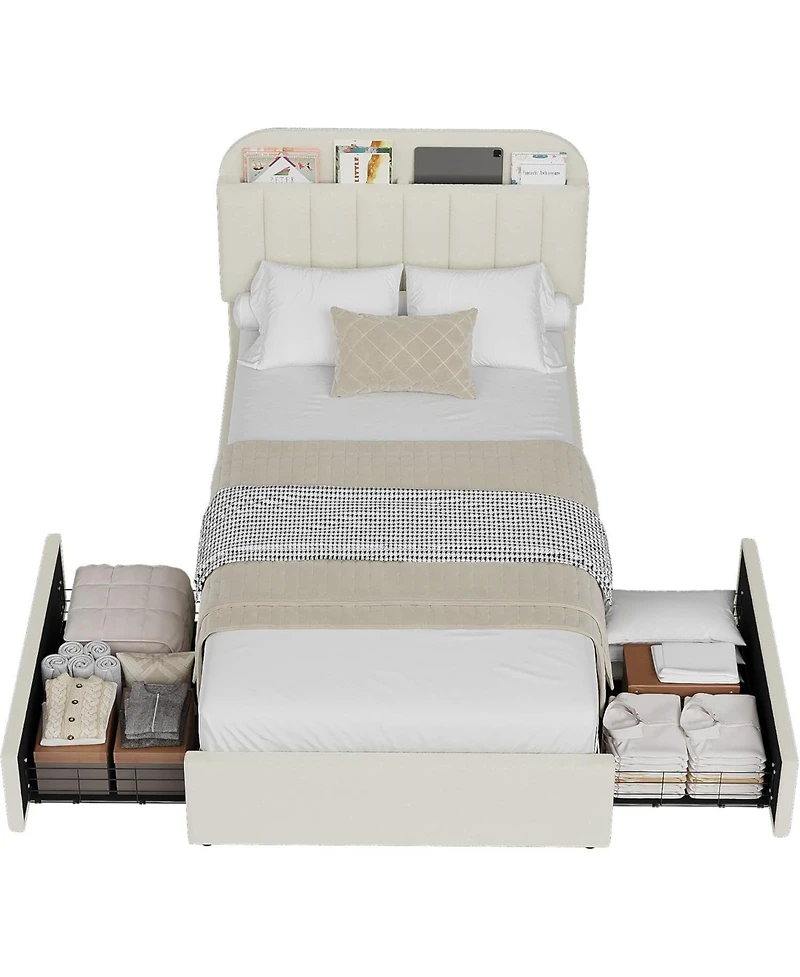 gaomon Boucle Storage Bed with Built-In Bookcase, 2 Drawers, Sturdy Frame, No Box Spring Required