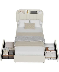 gaomon Boucle Storage Bed with Built-In Bookcase, 2 Drawers, Sturdy Frame, No Box Spring Required