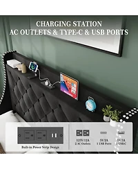 gaomon Queen Bed Frame Black Upholstered 4 Storage Drawers Wingback Headboard Charging Station Button Tufted