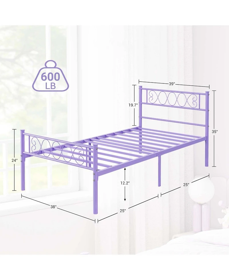 gaomon Twin Metal Platform Bed with Purple Heart-Design Headboard and Footboard, Underbed Storage, Sturdy Frame