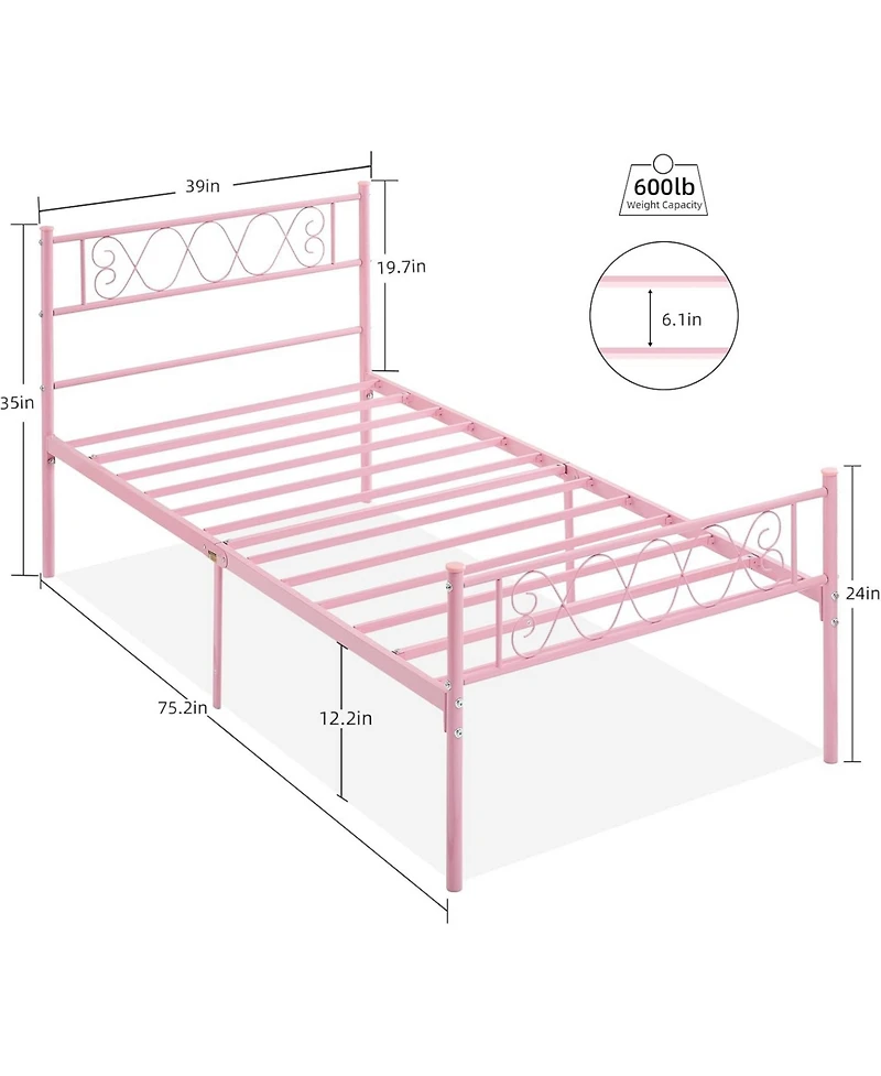 Gaomon Twin Pink Metal Bed Frame with Headboard Footboard for Girls Boys Sweet Heart Iron Art No Box Spring
