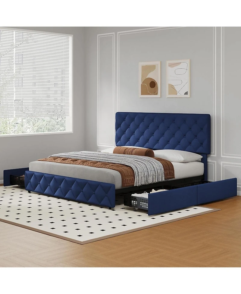 gaomon Full Size Bed Frame 4 Storage Drawers and Headboard Linen Upholstered Diamond Tufted Easy Assembly Noise-Free
