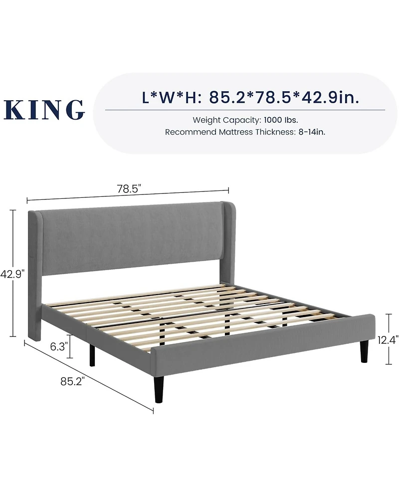 gaomon King Size Upholstered Bed Frame Wingback Headboard Velvet Platform No Box Spring Needed Durable Wood Slats Light Grey