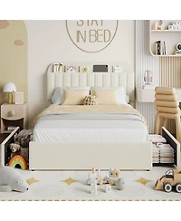 gaomon Full Size Boucle Upholstered Platform Bed Frame with Storage Headboard Bookcase 2 Drawers No Box Spring Beige White