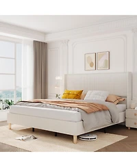 gaomon Full Bed Frame, Upholstered Platform Corduroy Bed Frame with Vertical Channel Tufted Wingback Headboard