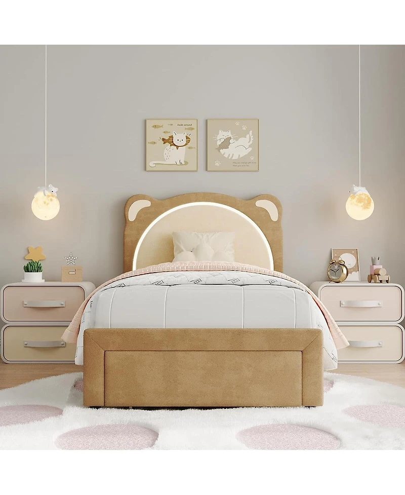 gaomon Twin Xl Upholstered Bed for Kids – Adjustable Headboard with Drawer & Led Light, Wooden Slats, No Box Spring