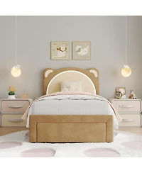gaomon Twin Xl Upholstered Bed for Kids – Adjustable Headboard with Drawer & Led Light, Wooden Slats, No Box Spring