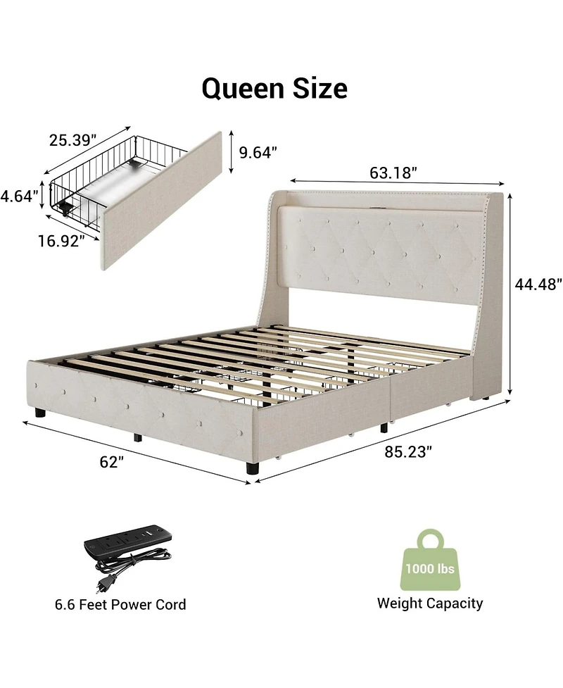 gaomon Upholstered Bed Frame with 4 Storage Drawers, Headboard and Storage, Platform Bed Frame with Charging Station & Wingback