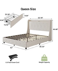 gaomon Upholstered Bed Frame with 4 Storage Drawers, Headboard and Storage, Platform Bed Frame with Charging Station & Wingback