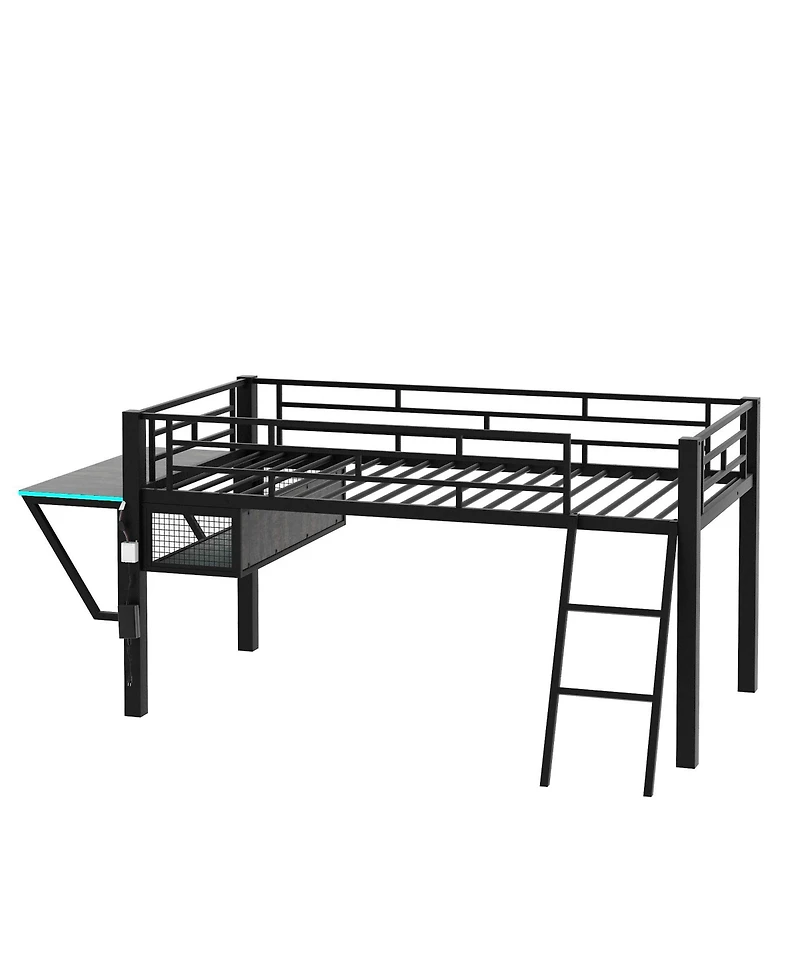 Flynama Black Metal Twin Size Gaming Mid Loft Bed with BuiltIn Desk and MultiColor Led Lighting Space Saving Furniture for Kids and Teens Bedrooms