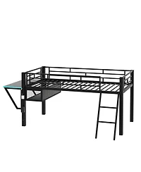 Flynama Black Metal Twin Size Gaming Mid Loft Bed with BuiltIn Desk and MultiColor Led Lighting Space Saving Furniture for Kids and Teens Bedrooms