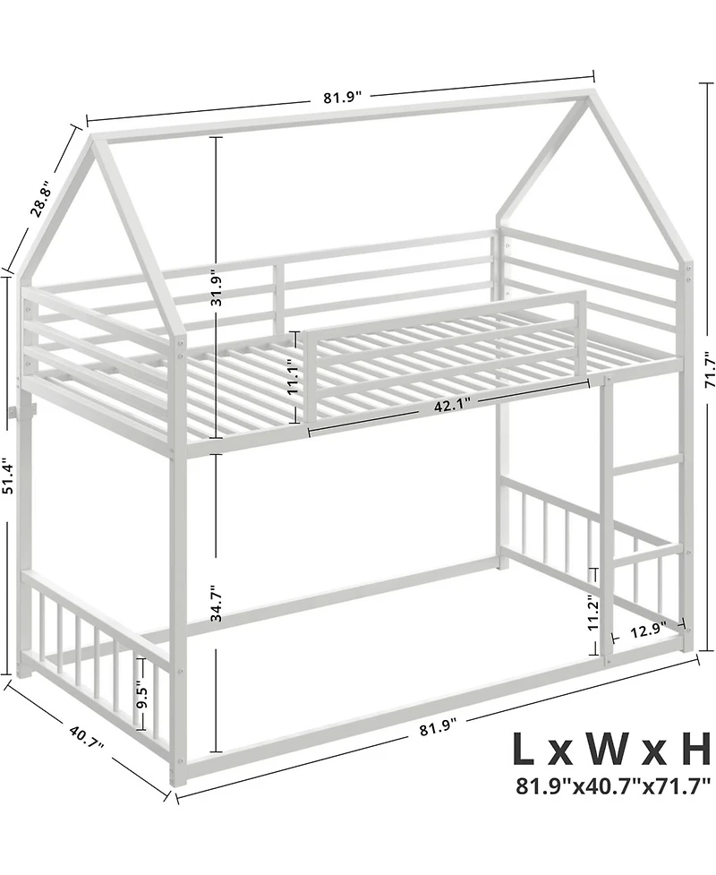 Likimio Bunk Bed Twin Xl Over Twin Xl, Metal Bunk Bed Frame with Ladder and Guardrail, House Shaped with Metal Slats for Dormitory and Bedroom
