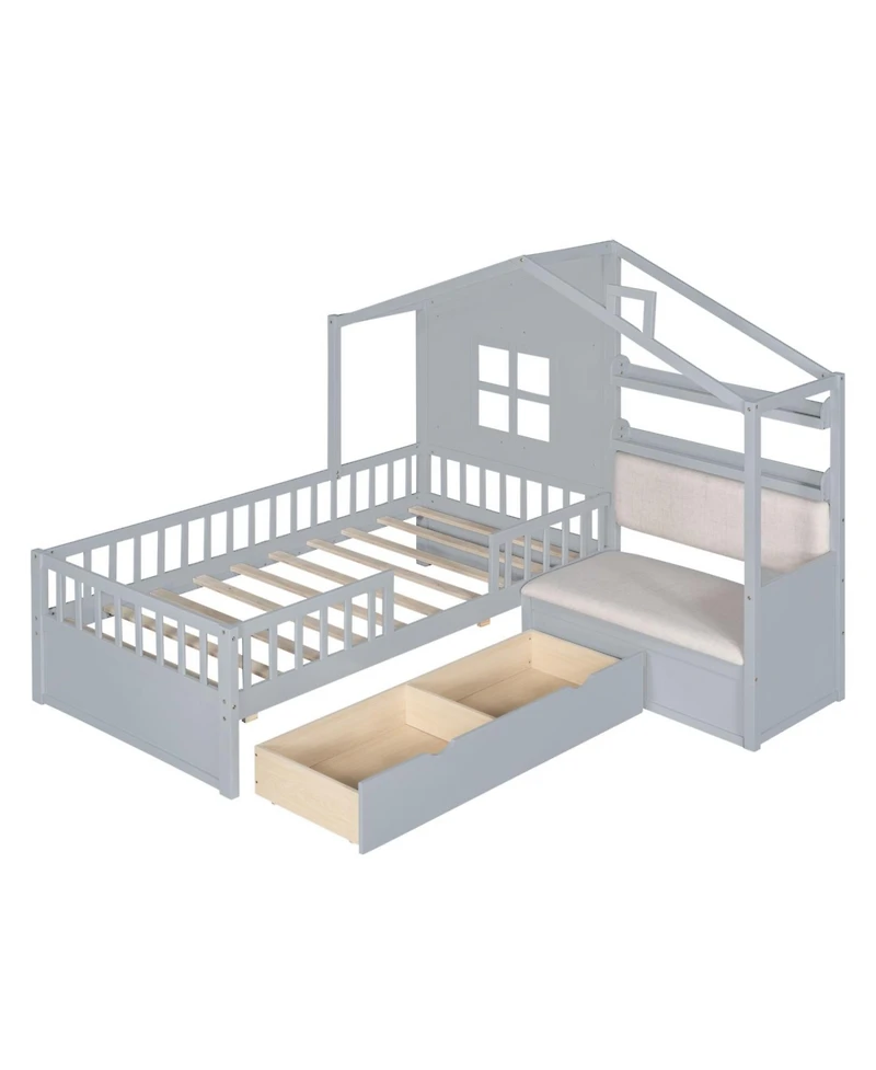 Streamdale Furniture Twin Pinewood House Bed with Linen Sofa, Drawers and Storage Shelf