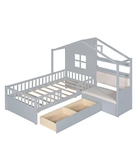 Streamdale Furniture Twin Pinewood House Bed with Linen Sofa, Drawers and Storage Shelf