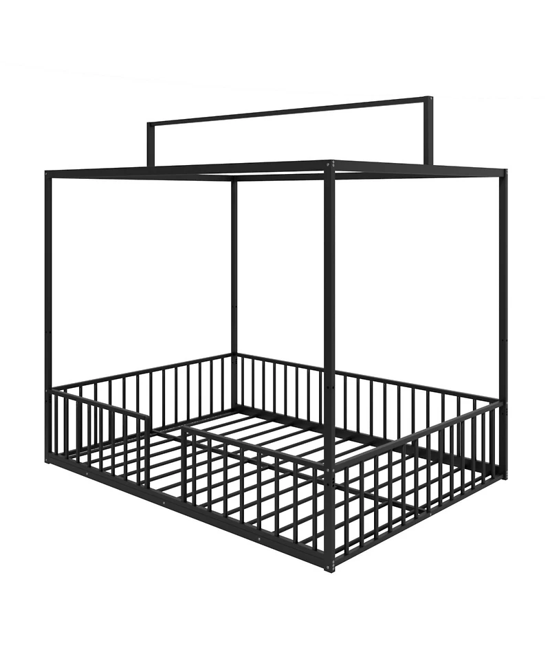 Streamdale Furniture 3-in-1 Convertible Montessori Metal Floor Bed, Fenced Toddler Bed, Canopy Platform