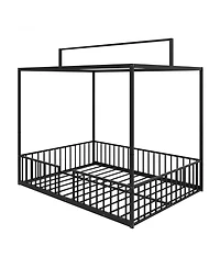 Streamdale Furniture 3-in-1 Convertible Montessori Metal Floor Bed, Fenced Toddler Bed, Canopy Platform