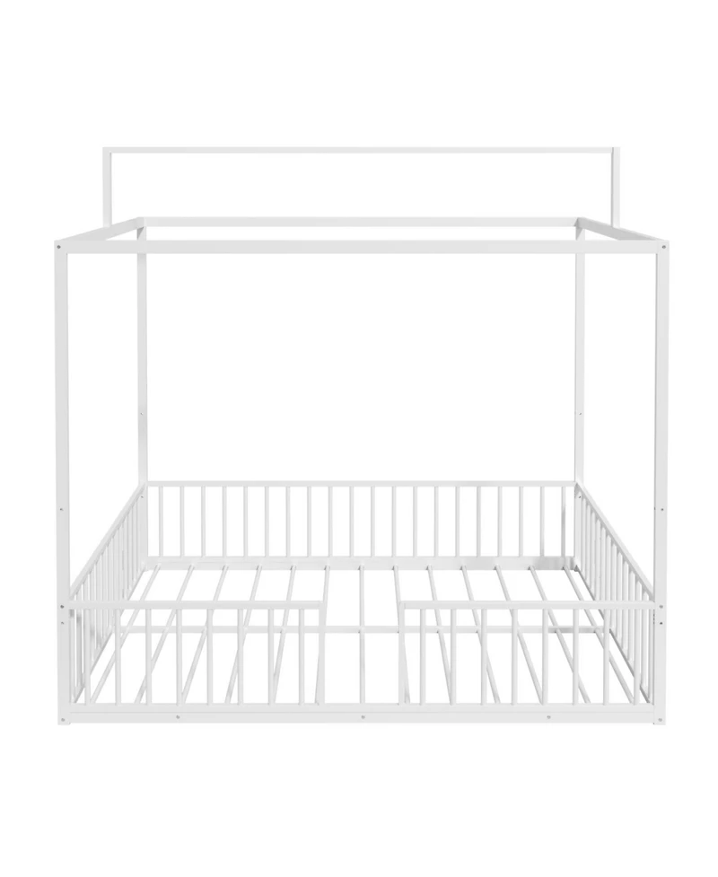 Streamdale Furniture 3-in-1 Convertible Montessori Metal Floor Bed, Fenced Toddler Bed, Canopy Platform