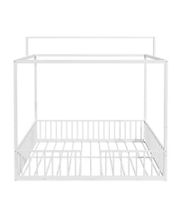 Streamdale Furniture 3-in-1 Convertible Montessori Metal Floor Bed, Fenced Toddler Bed, Canopy Platform