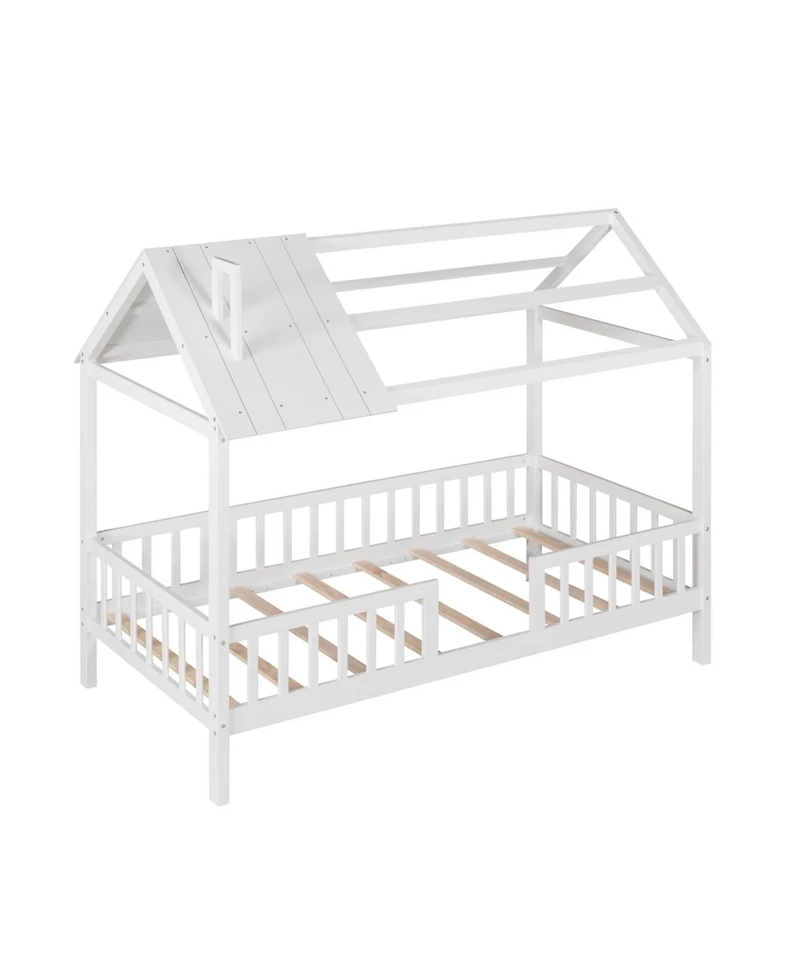 Streamdale Furniture Twin Wood House Bed with Fence, White+Gray