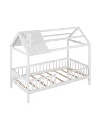 Streamdale Furniture Twin Wood House Bed with Fence, White+Gray