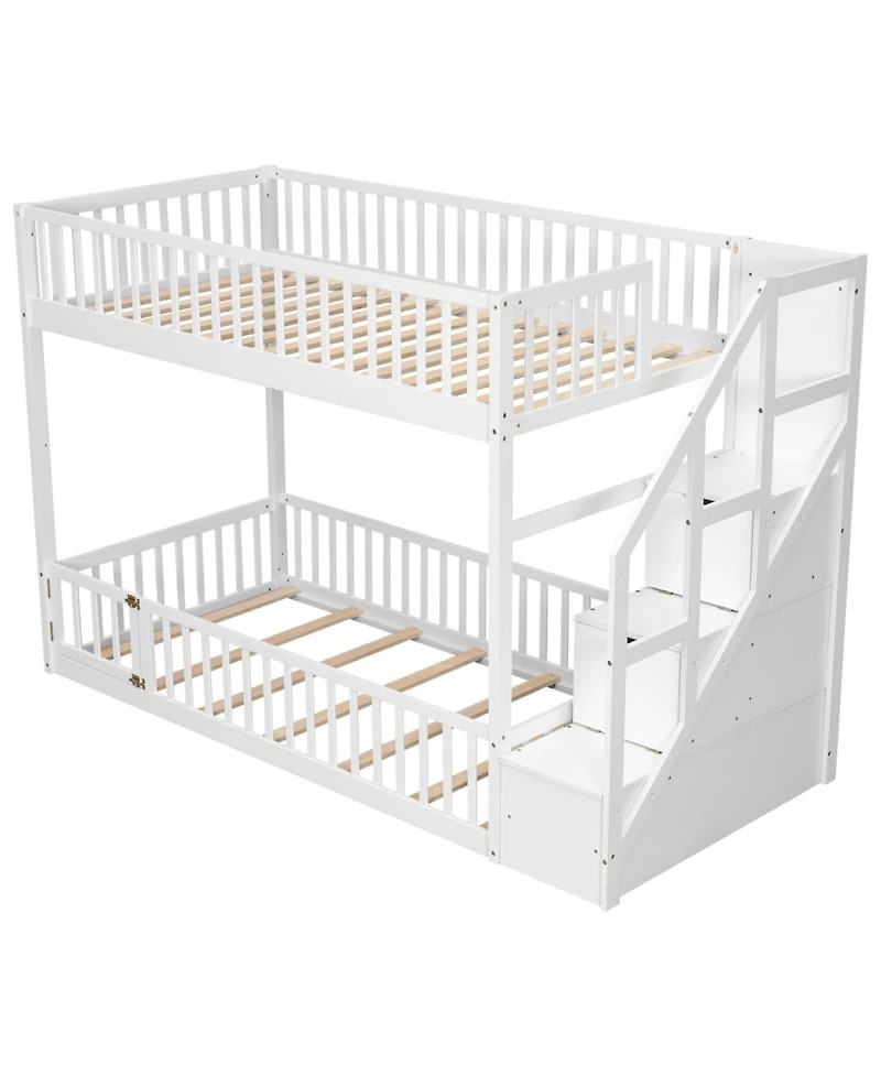 Streamdale Furniture Twin over Twin Floor Bunk Bed, Ladder with Storage