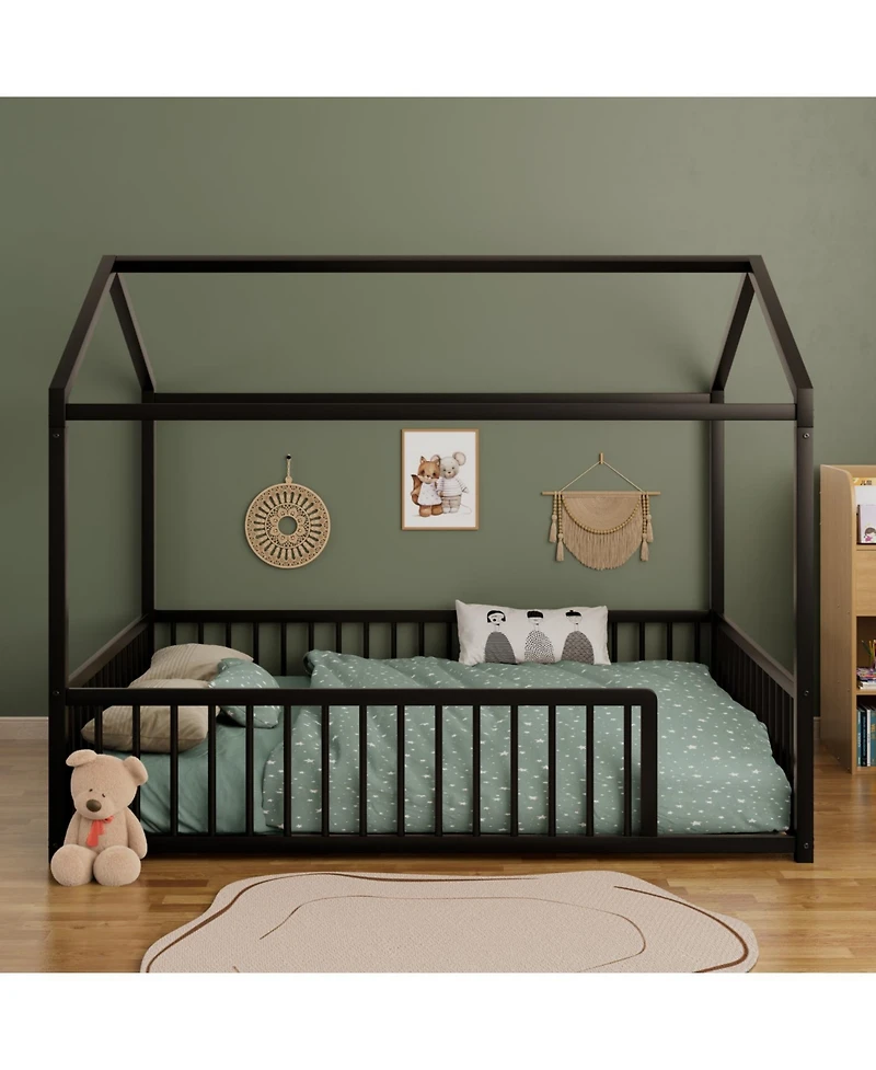 Streamdale Furniture Montessori Metal House Bed Frame - Kids/Toddler, No Slats, Black