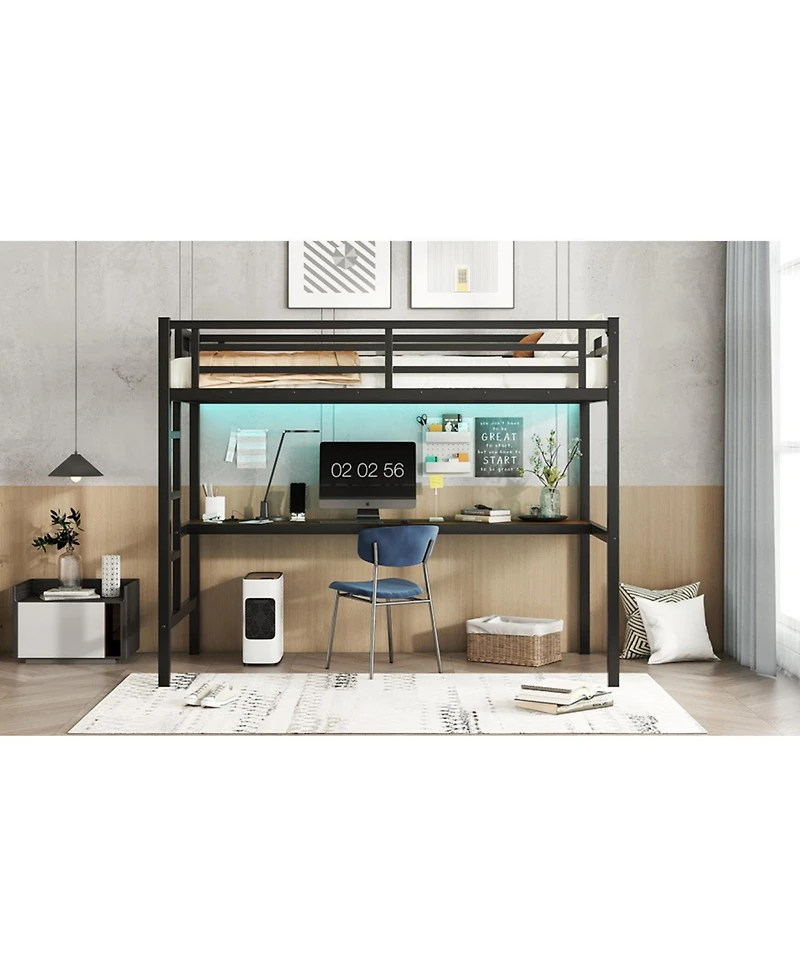 Streamdale Metal Twin Xl Loft Bed with Power Outlet & Led Light, Black