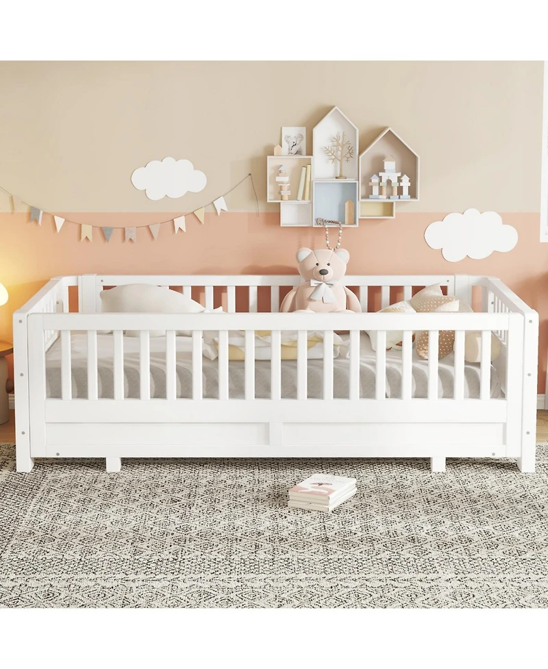 Streamdale Twin Size Platform Bed with Guardrails, Solid Wood, Convertible to Double Twin, White