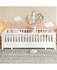 Streamdale Twin Size Platform Bed with Guardrails, Solid Wood, Convertible to Double Twin, White