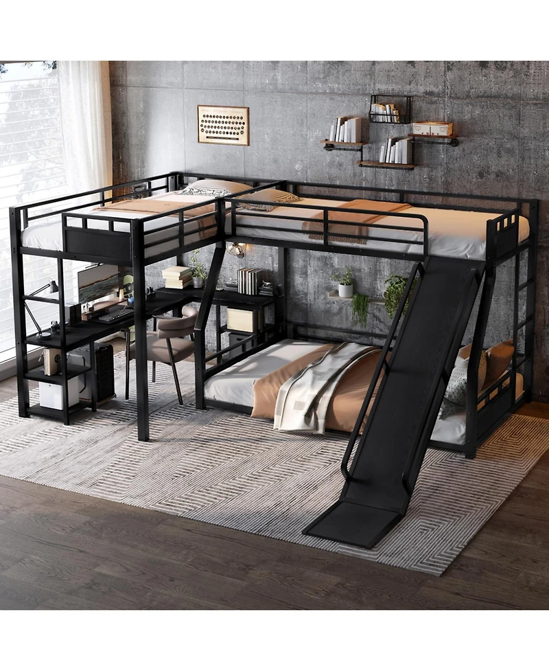 Streamdale Furniture L-Shaped Metal Bunk Bed with Twin Loft, Desk, Storage, and Slide (Black)