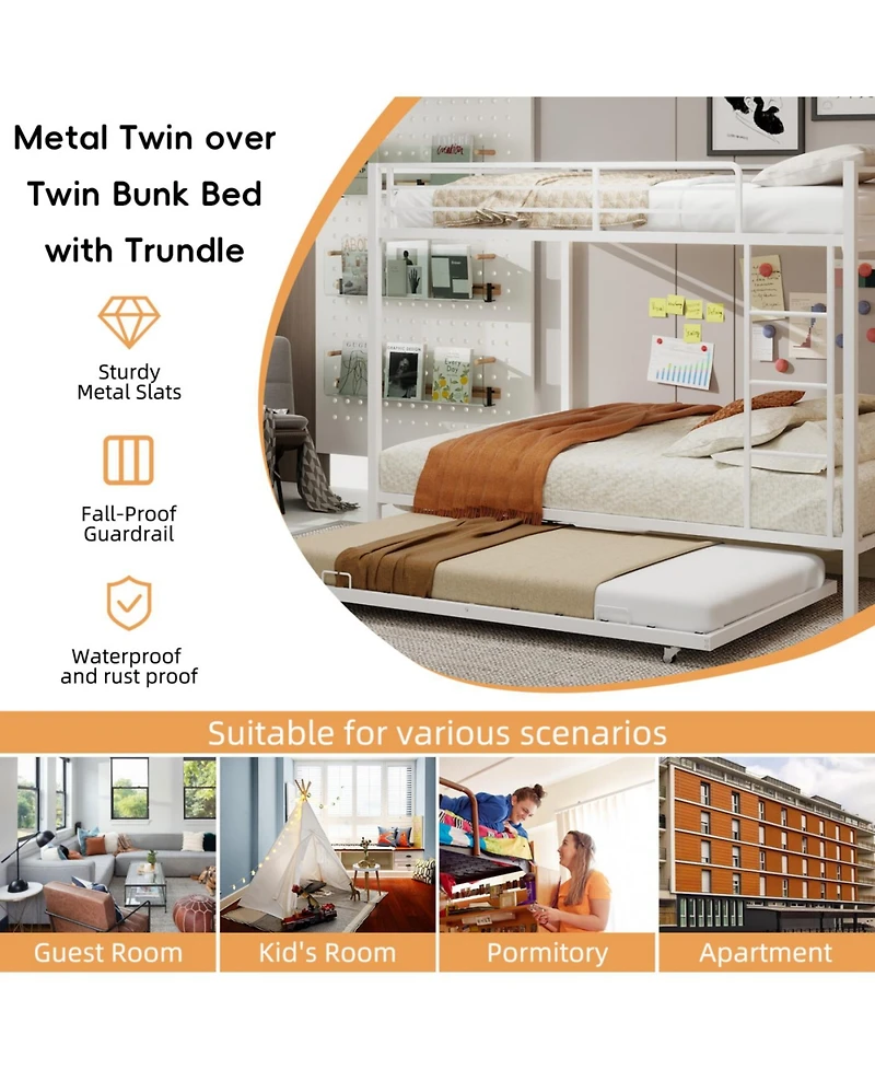 Streamdale Furniture Durable Square Tube Iron Bunk Bed with Safety Rails - Queen Size