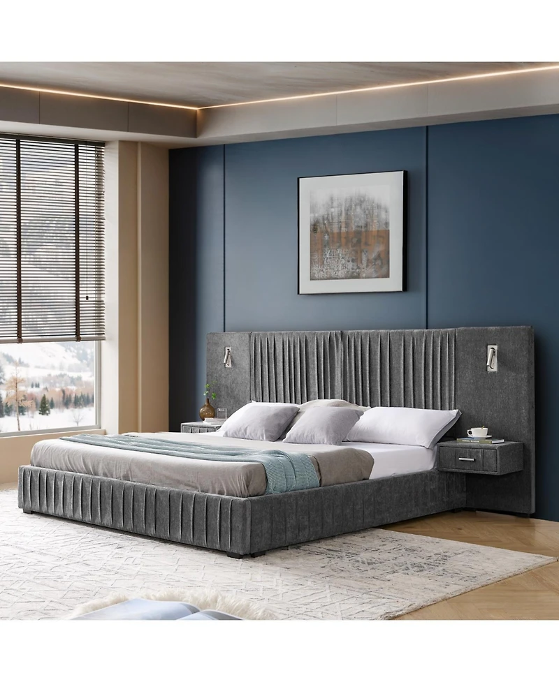 Streamdale Furniture King Size Upholstered Bed Frame with Chenille, Pleated Design, No Box Spring - Dark Grey