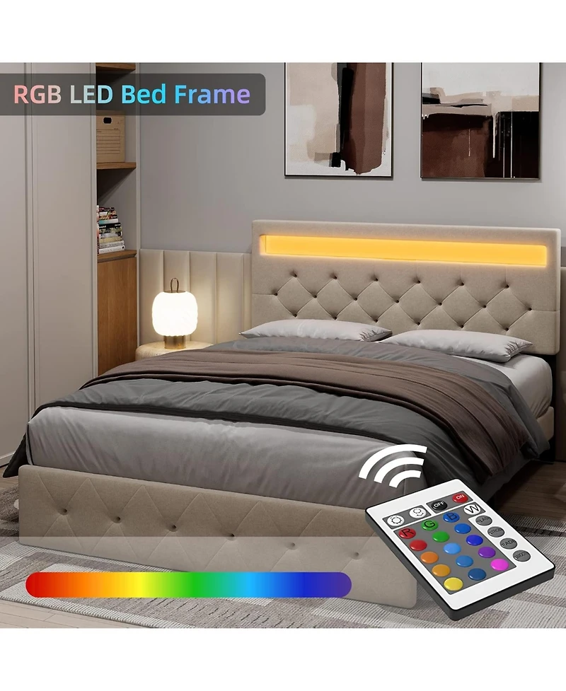 Gaomon Bed Frame with Storage Headboard, Upholstered Headboard Led Lights and Charging Station, Heavy Duty Wooden