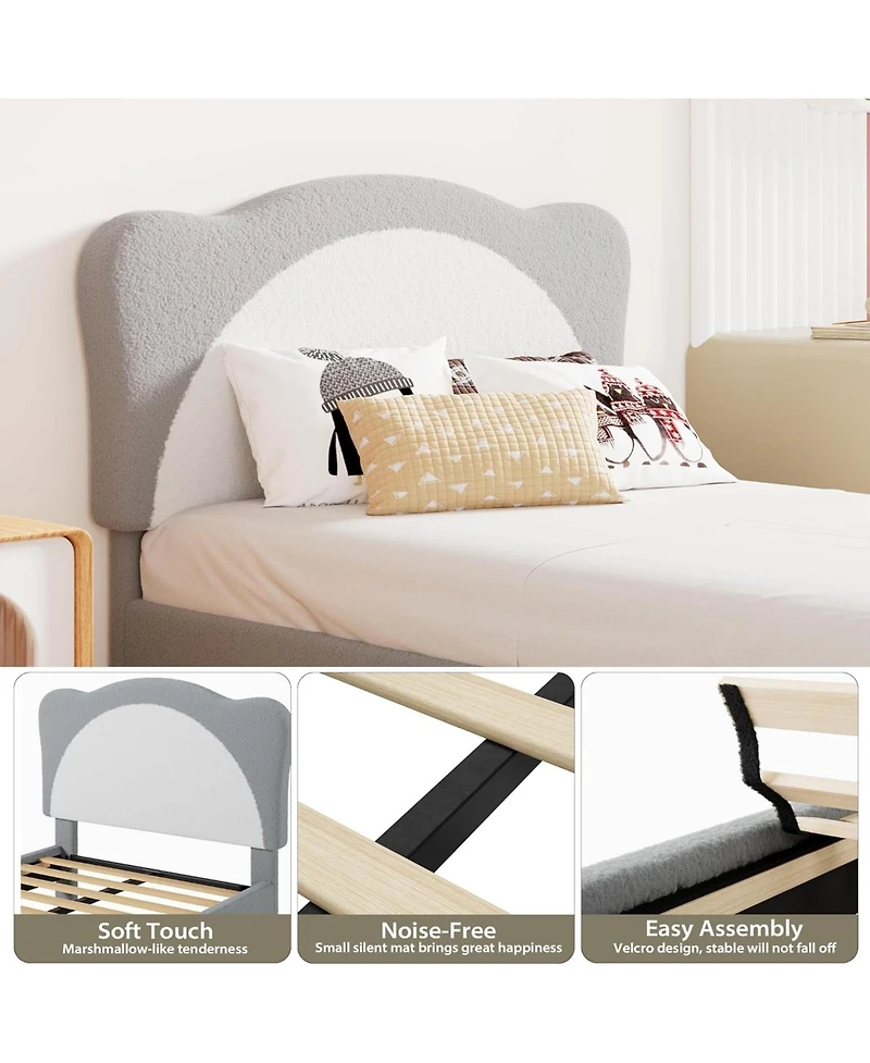 Gaomon Adjustable Scallop Headboard Velvet Upholstered Platform Bed Frame for Kids with Solid Wood Slats Support