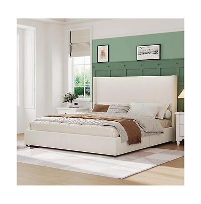 gaomon Rattan Platform Bed Frame with Boho Headboard, Led Lights, Solid Wood Foundation, No Box Spring Needed