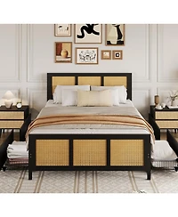 gaomon Queen Rattan Bed Frame with Headboard, Boho Cane Platform 4 Storage Drawers, Strong Metal Slat Support, Noise-Free Design