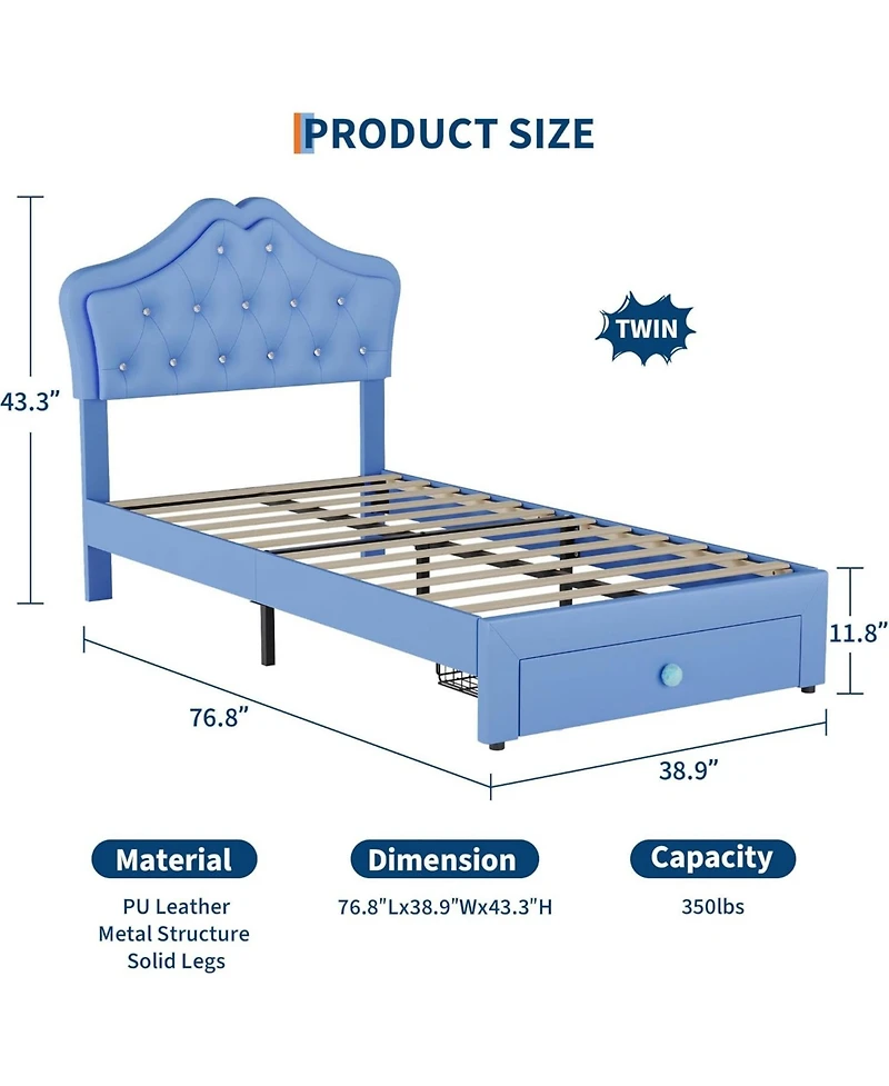 gaomon Twin Velvet Upholstered Platform Bed with Led Lights, Crystal Button Headboard, Storage Drawer, Noise-Free, No Box Spring Needed