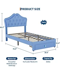 gaomon Twin Velvet Upholstered Platform Bed with Led Lights, Crystal Button Headboard, Storage Drawer, Noise-Free, No Box Spring Needed