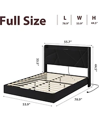gaomon Floating Bed Frame with Led Lights & Usb Charging Station, Upholstered Platform Storage Headboard and Foldable Shelves