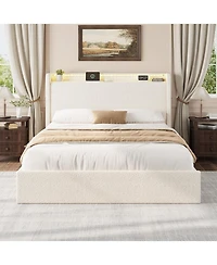 gaomon Queen Size Boucle Bed Frame with Storage Headboard, Charging Station, Led Lights, 4 Drawers, No Box Spring Needed.