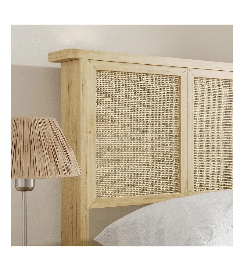 Queen Size Bed Frame with Natural Rattan Headboard, Sturdy Wooden Slats, Boho Cane, No Box Spring Needed