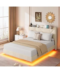 gaomon Queen Size Floating Bed Frame with Led Lights, Charging Station, Storage Headboard, Folding Shelf, Metal Slats
