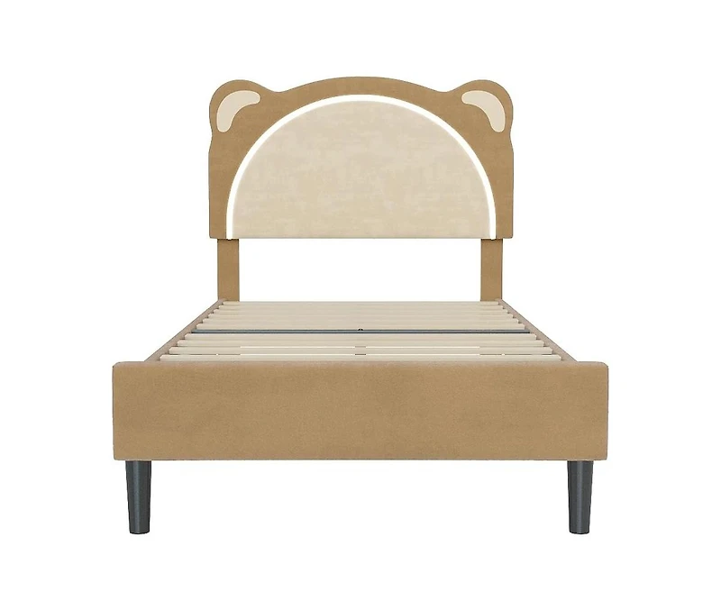 gaomon Twin Xl Kids Upholstered Platform Bed Frame with Adjustable Headboard, Led Light, Wood Slats, No Box Spring, Coffee