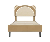 gaomon Twin Xl Kids Upholstered Platform Bed Frame with Adjustable Headboard, Led Light, Wood Slats, No Box Spring, Coffee