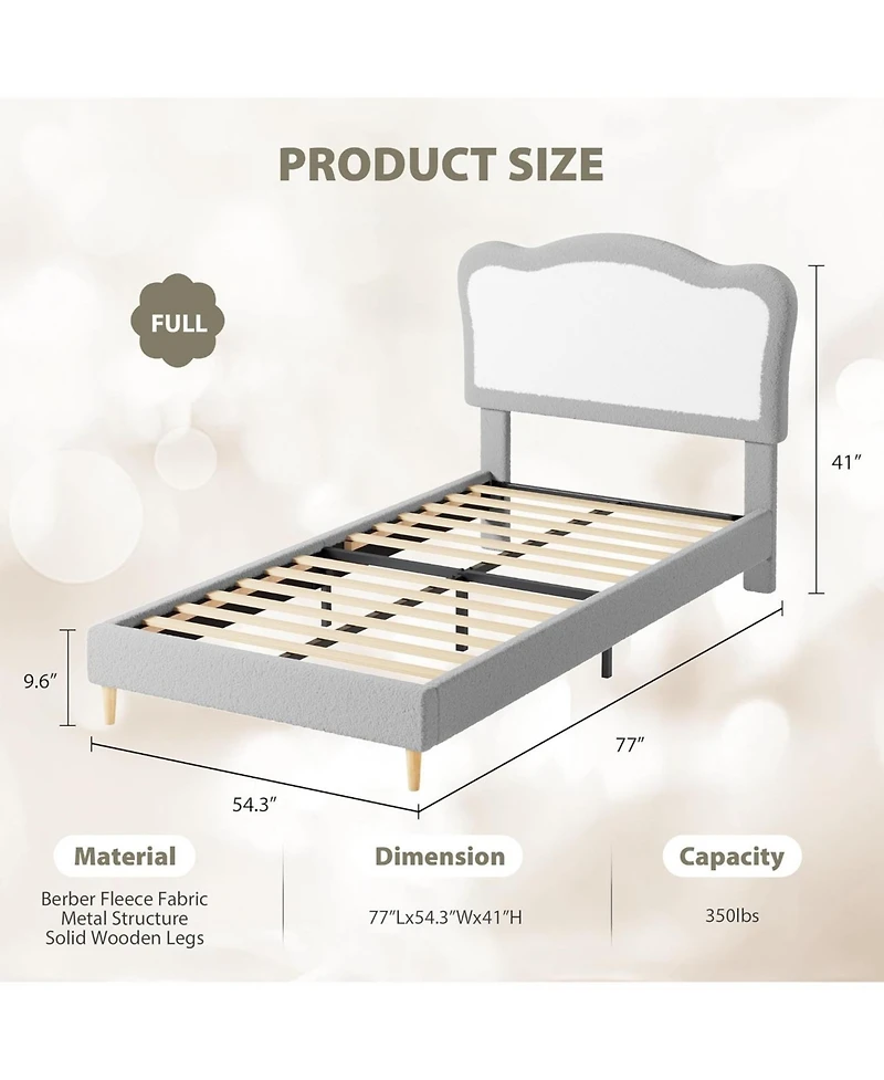 gaomon Full Size Kids Bed Frame with Two-Tone Scalloped Velvet Headboard, Sturdy Slats, No Box Spring Needed, Grey & White