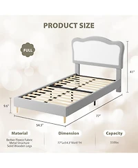 gaomon Full Size Kids Bed Frame with Two-Tone Scalloped Velvet Headboard, Sturdy Slats, No Box Spring Needed, Grey & White