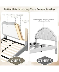 gaomon Twin Size Kids Upholstered Bed Frame with Scallop Velvet Headboard, Sturdy Slats, Noise-Free, Grey & White