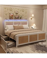Gaomon Full Size Rattan Accent Storage Bed with 4 Drawers, Woven Front, Led Lights, White Mdf Frame