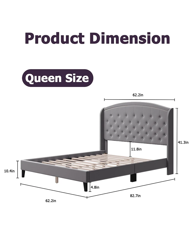 gaomon King Size Upholstered Platform Bed Frame Wingback Headboard Button Tufted Wood Slats Easy Assembly Gray