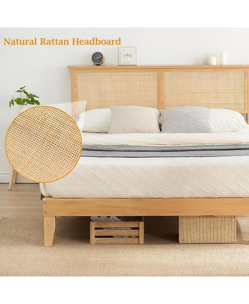 gaomon King Size Solid Wood Rattan Headboard with Led Lights Silent Slats Bohemian Platform Bed Frame